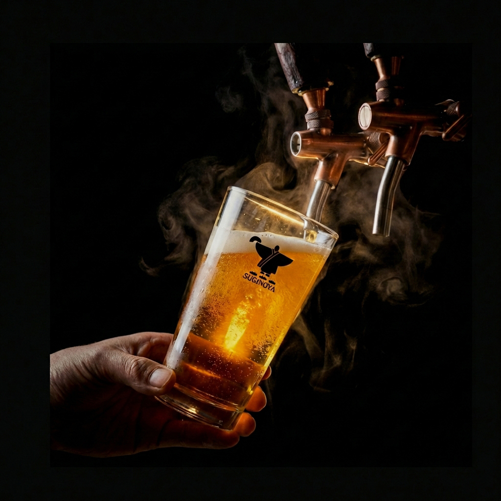 Pouring Golden Beer with Suginoya Logo